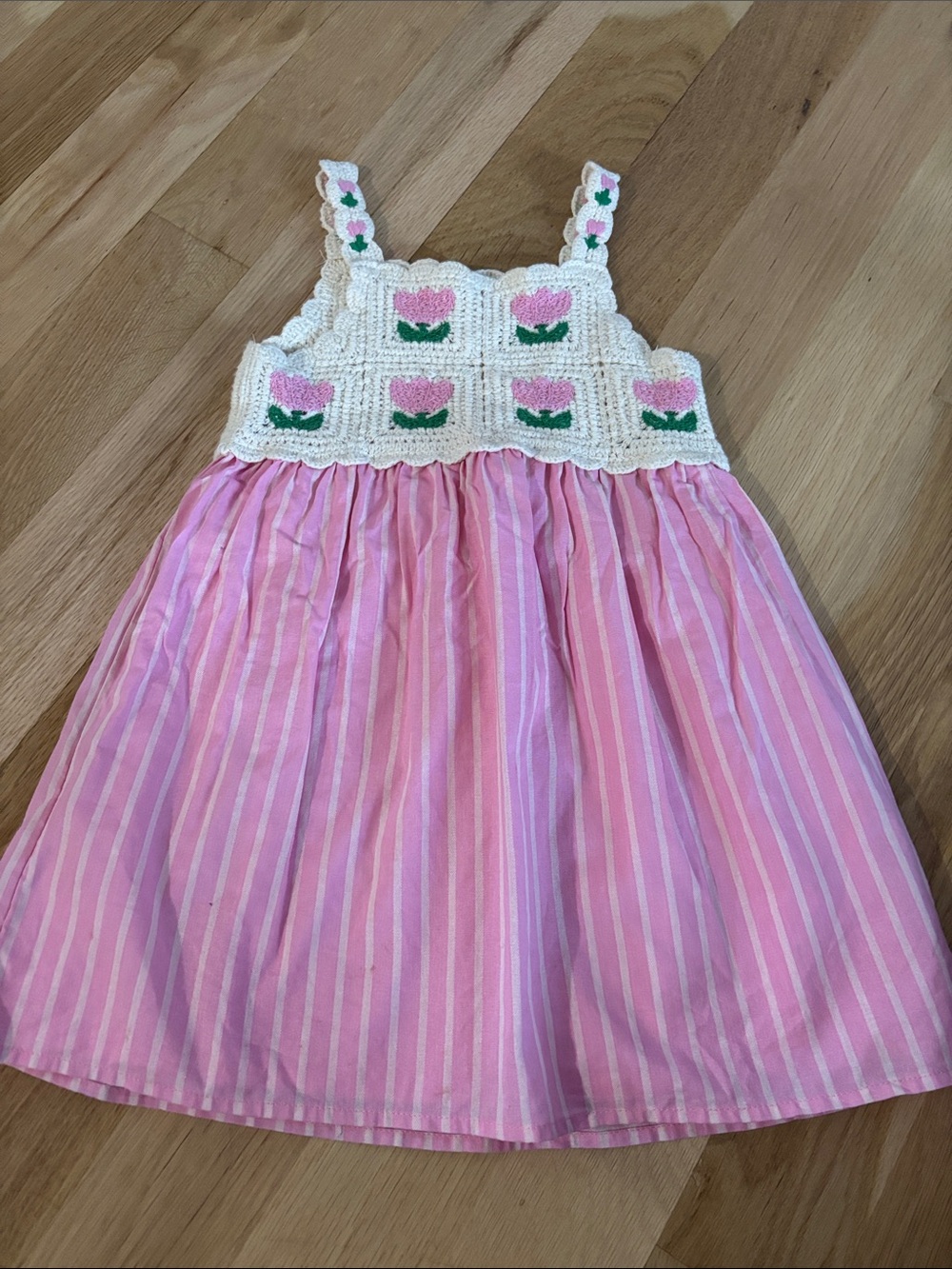 Zara Pink Striped Dress with Cream Crochet Tulip Bodice size 5